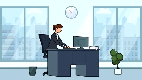 flat cartoon businesswoman character  bad angry workplace near computer office animation