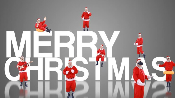 Group of santa claus dancing and performing various activity