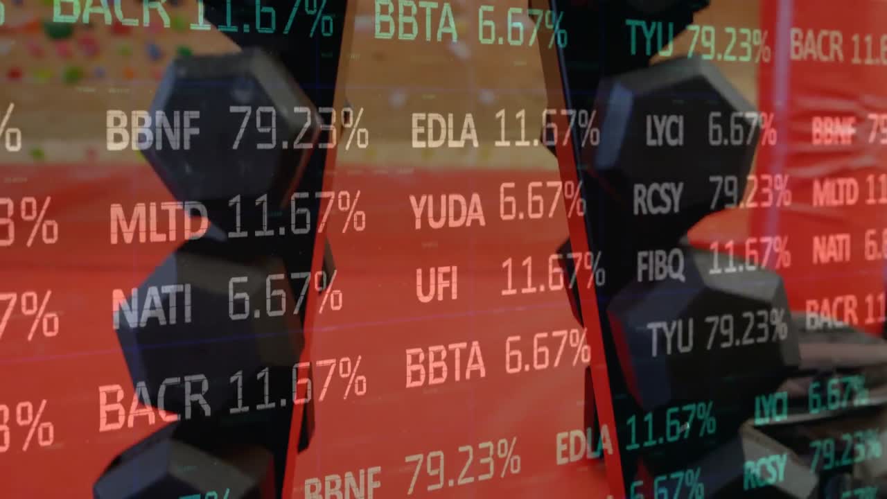 Animation of stock market over dumb-bells at gym