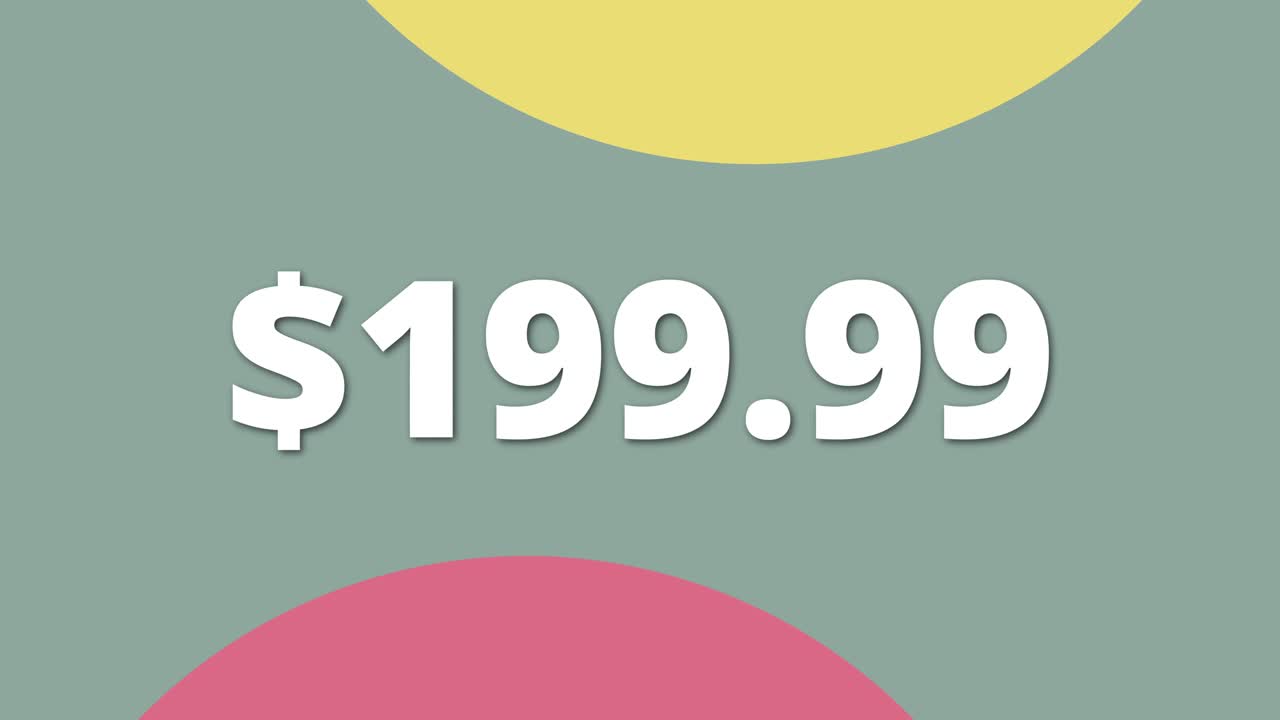 Animación digital de etiqueta de precio mostrando 199.99. Estilo claro y sencillo para uso en stock.
