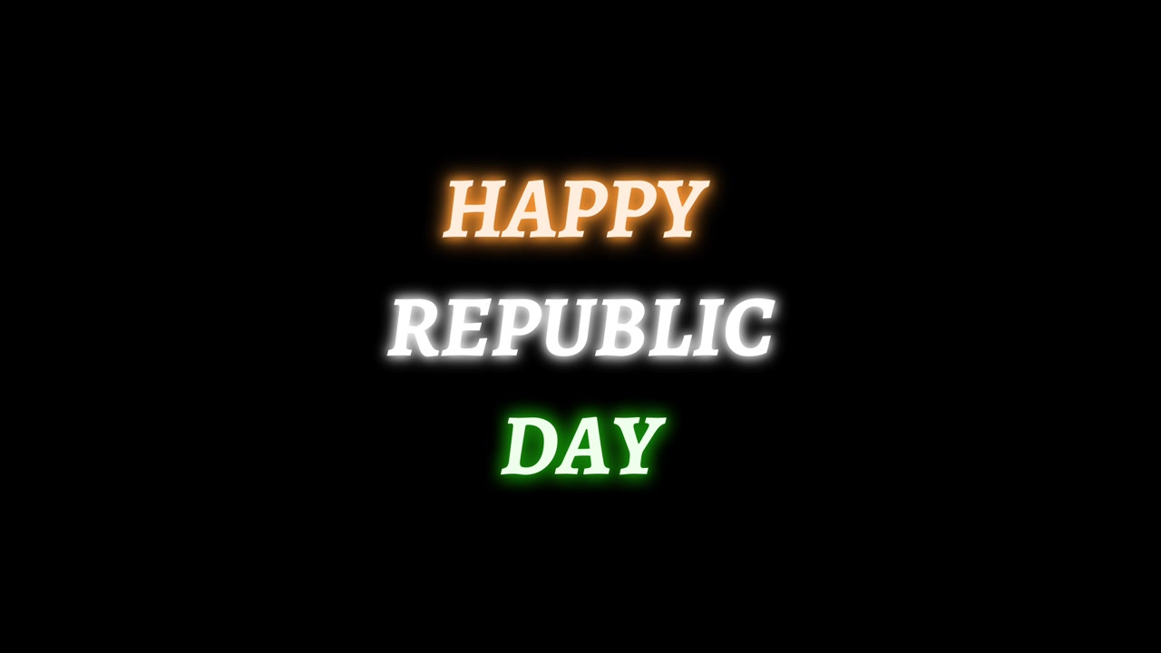 Dreizeiliger Schriftzug 'Alles Gute zum Tag der Republik' in den Farben der indischen Flagge mit Schreibanimation, isoliert auf schwarzem Hintergrund