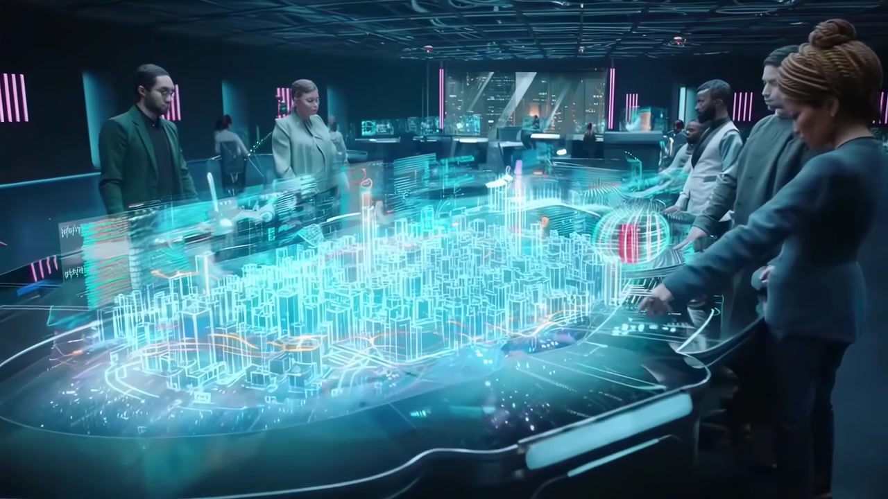 Futuristic Control Center with Advanced Holographic Data Visualization