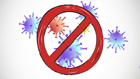 animation of no entry sign over covid 19 cells on white background