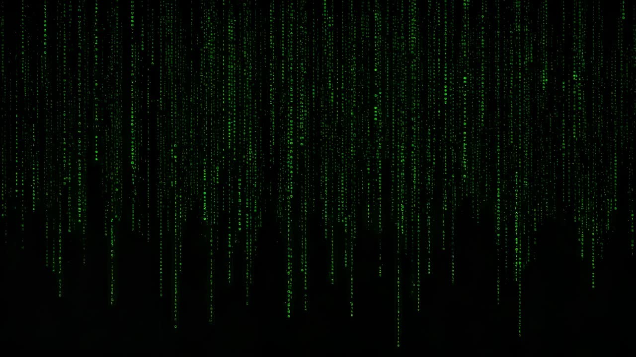 Advancing frames sending green streaks falling and thickening on black void, glowing top band