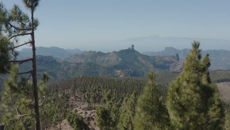 Hermosa-Toma-De-Drones-De-Un-Panorama-Montañoso-Con-Bosque-Desde-El-Pico-De-Las-Nieves-Hasta-El-Roque-Nublo,-Gran-Canaria