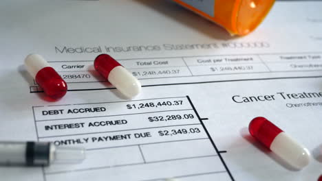 pills and medicine on prop medical insurance forms that show high costs and debt of patient cancer treatment