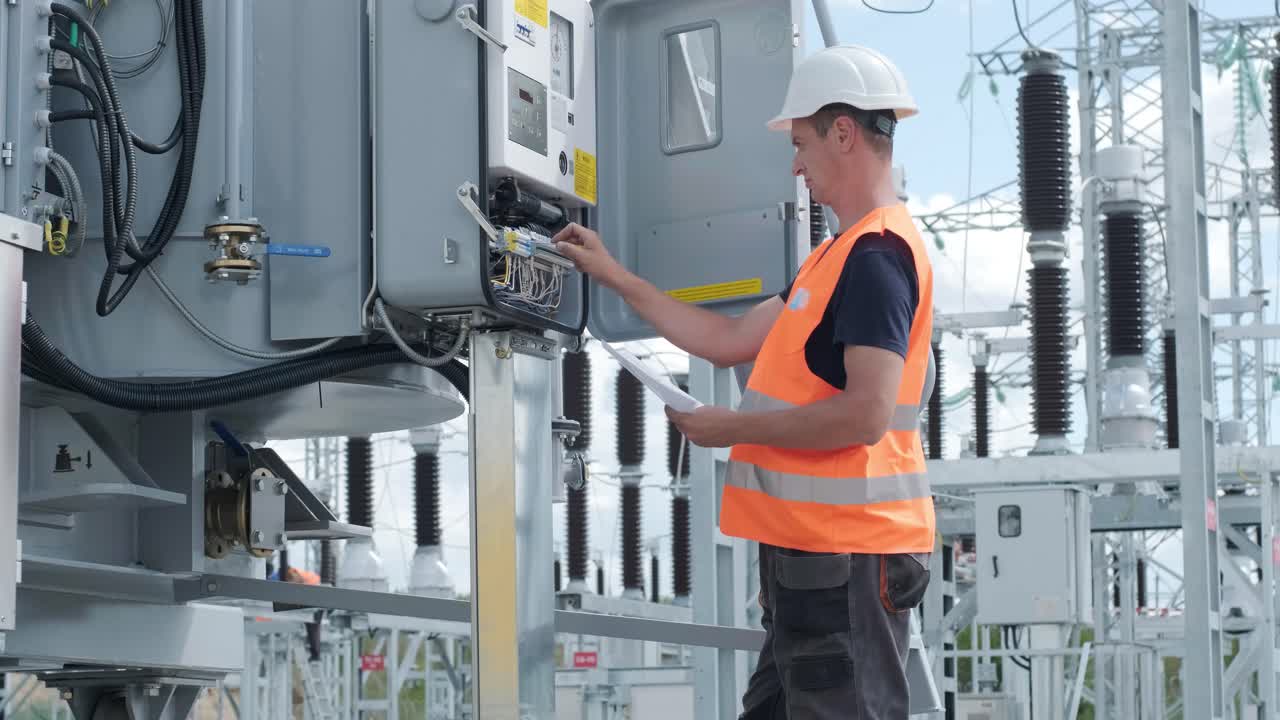 los ingenieros eléctricos inspeccionan los sistemas eléctricos en el gabinete de control de equipos y el transformador de alto voltaje contra el cielo azul. subestación de redistribución de corriente eléctrica