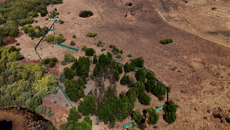 Chopper push herd of wildebeest successfully into boma, high aerial view