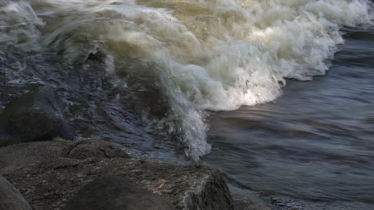 Close up of a white water rapids churning in circles with a rock in the foreground at the Case Eagle Park Dam in Burlington, WI.