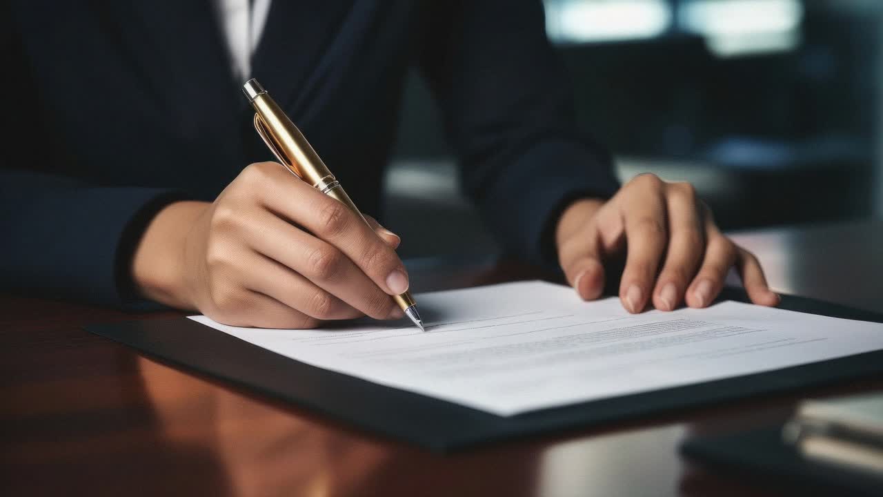 Close-up video shot of hands signing a document on a desk, capturing a professional and formal