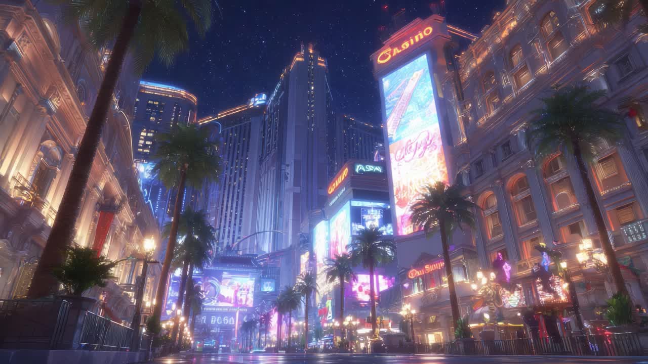 Vibrant Nightlife Scene with Neon Lights and Spectacular Architecture Under a Starry Sky, Highlighting the Lively Atmosphere of a Bustling Urban Destination