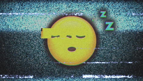 digital animation of sleeping face emoji against tv static effect on grey background