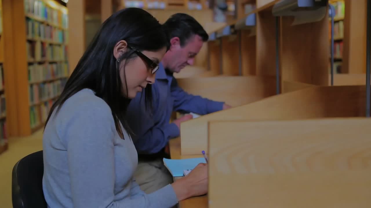 Dois frequentadores de biblioteca escrevendo em cabines de estudo de madeira, com uma falha educacional desaparecendo para revelar estantes de livros