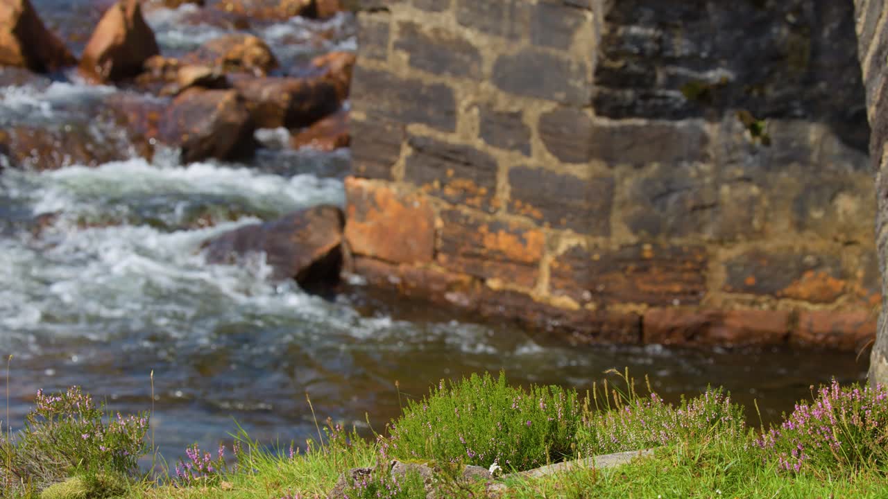 Clear river water rushes past a weathered stone bridge pier, surrounded by green moorland vegetation