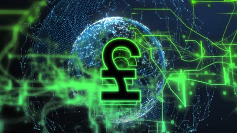 animation of pound symbol and green light trails against network of connections over globe