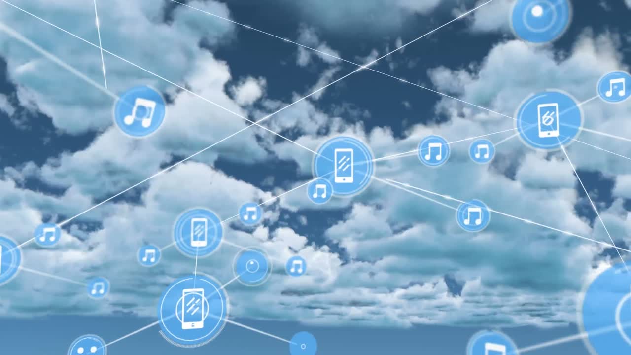 Networks of connections with icons over cloudy sky