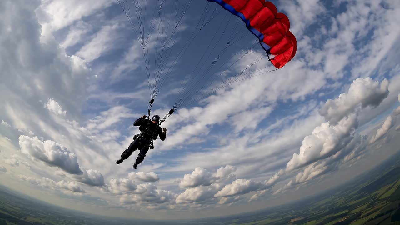 Aerial video shot captures a skydiver mid-descent with a vibrant parachute, set against a backdrop