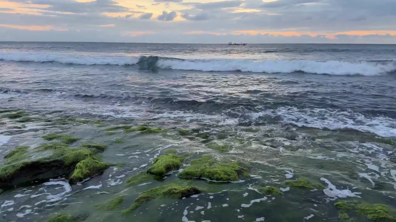 Onde oceaniche serene che si infrangono su rocce muschiose al tramonto