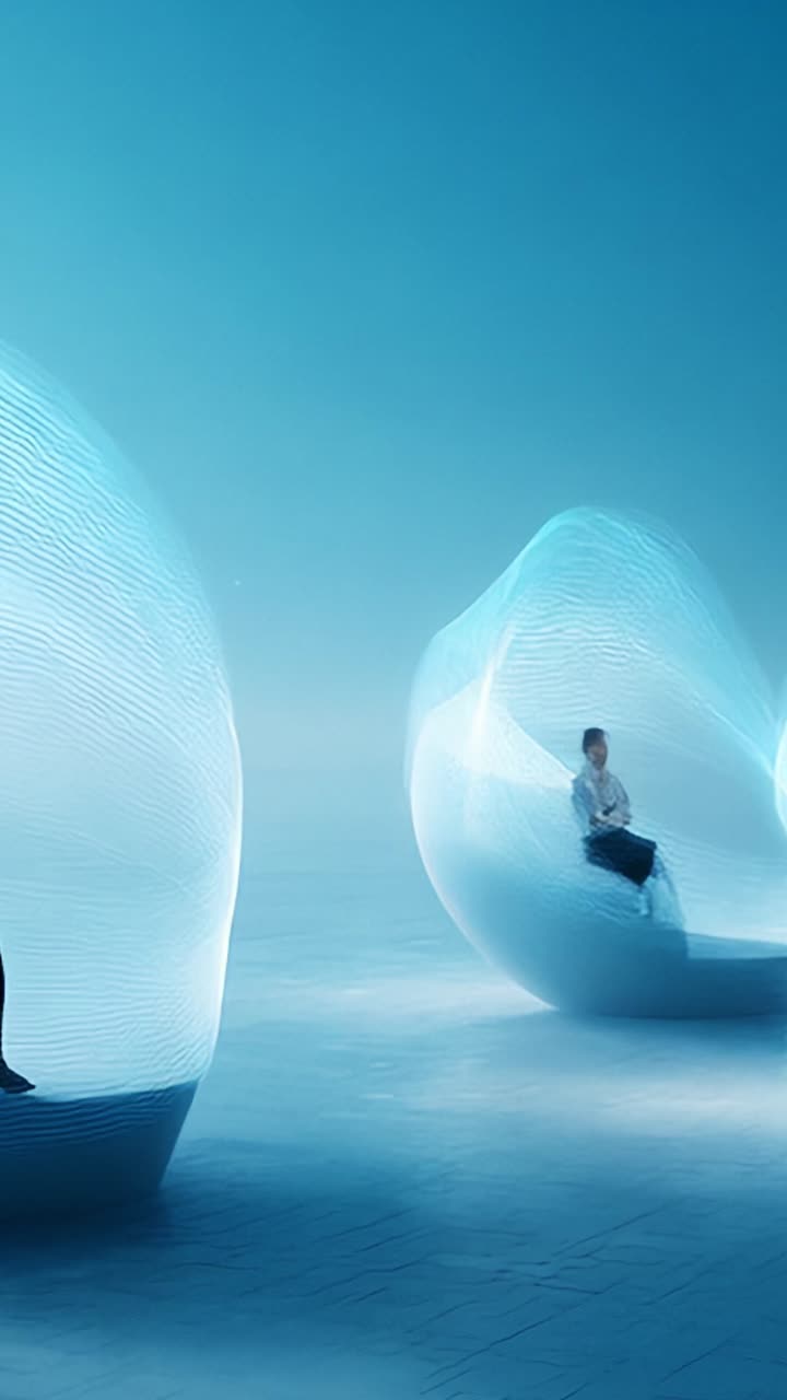 Futuristic Workspace: Two Individuals in Ethereal Pods Surrounded by Translucent Waves and Digital Interfaces in a Serene Blue Environment