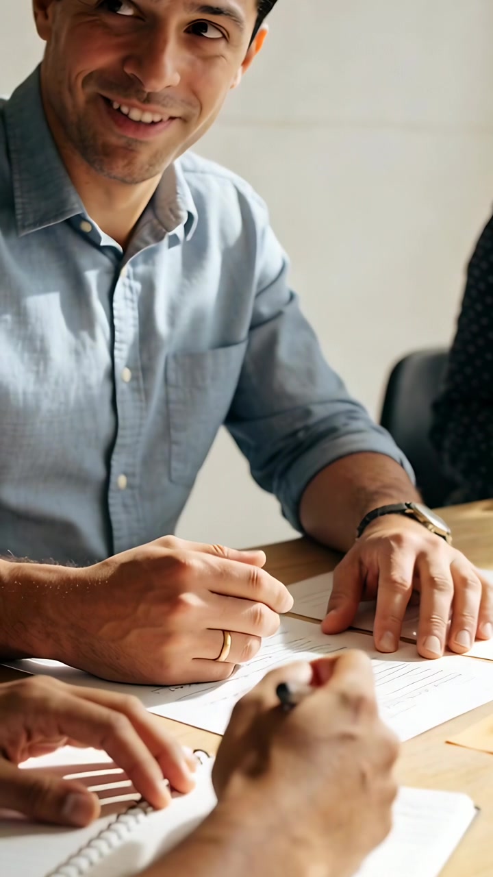 Video verticale: Uomo in camicia blu che esamina appunti e documenti in ufficio, taccuino