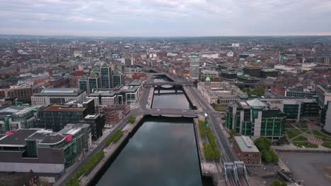 Aerial-view-of-Dublin-City-in-4K,-beautiful-morning-in-the-Irish-Capital