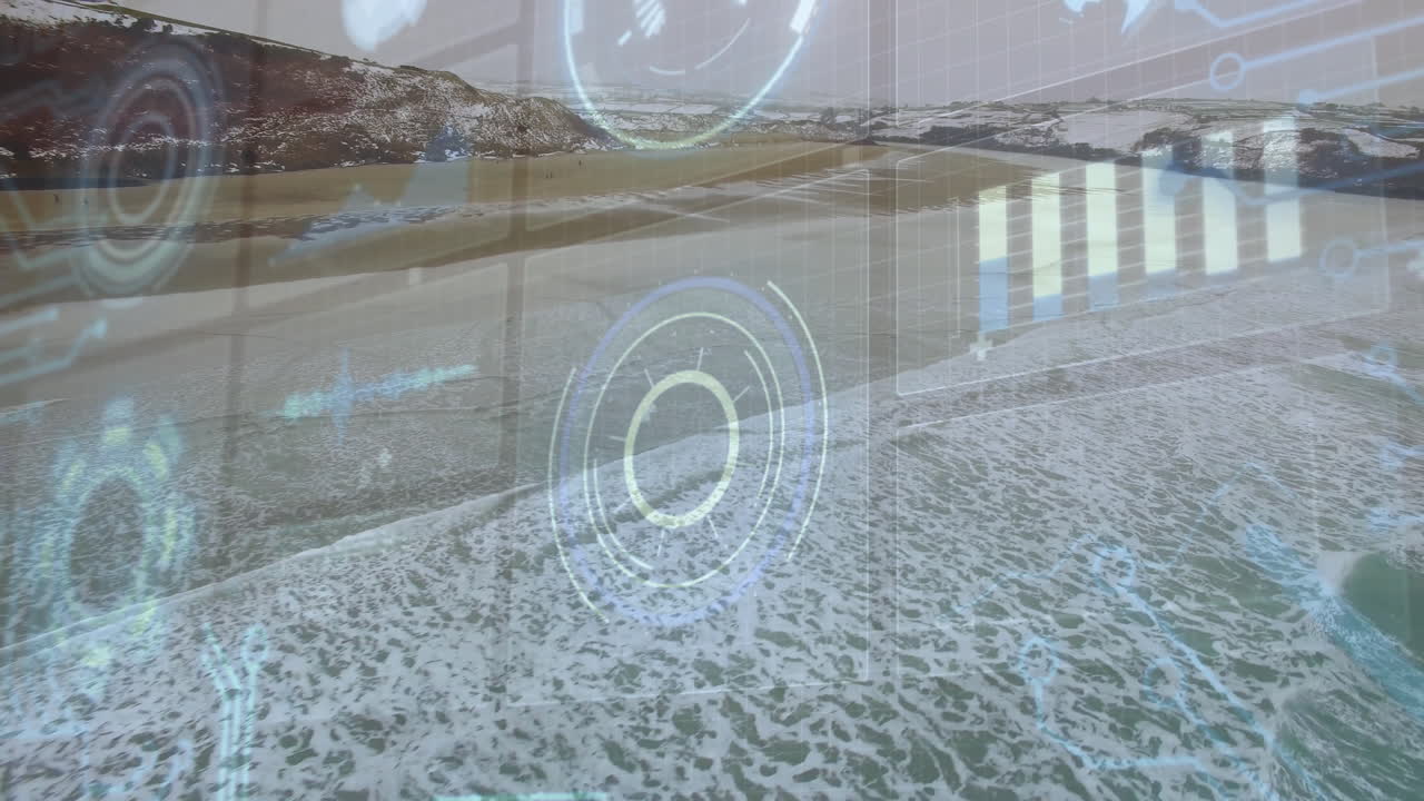Central circular HUD target rotating over sandy beach under overcast sky, displaying data overlays