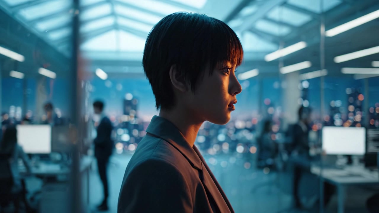A Professional Woman Contemplates in a Modern Office Setting with Cityscape Backdrop, Reflecting on Her Thoughts During a Late Evening Business Environment