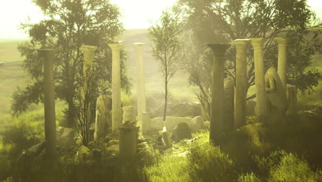 ancient pillars emerge through golden mist at sunrise in a forgotten landscape