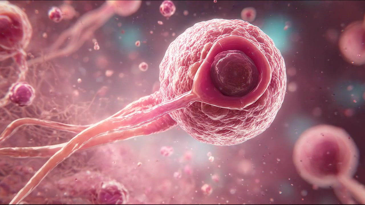 Single pink microscopic cell traveling through a biological fluid environment