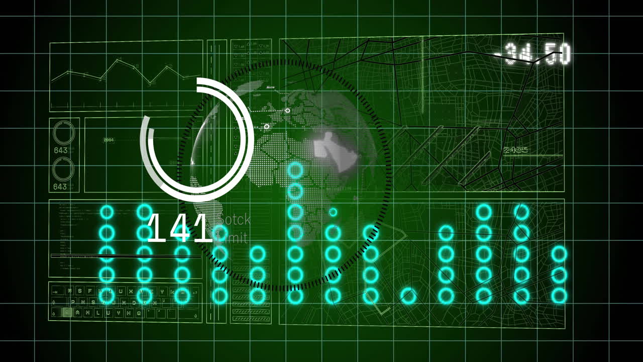 세계 지도 애니메이션 위에 그래프와 차트를 가진 디지털 데이터 시각화