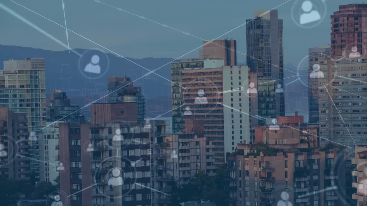 Animação de rede de conexões com ícones sobre a paisagem urbana