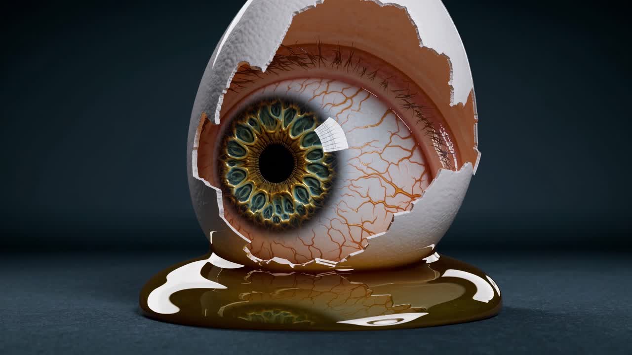 Realistic human eye emerging from cracked eggshell. Resting within viscous liquid puddle against shadowy dark background. Symbolizing mysterious biological transformation and psychological emergence