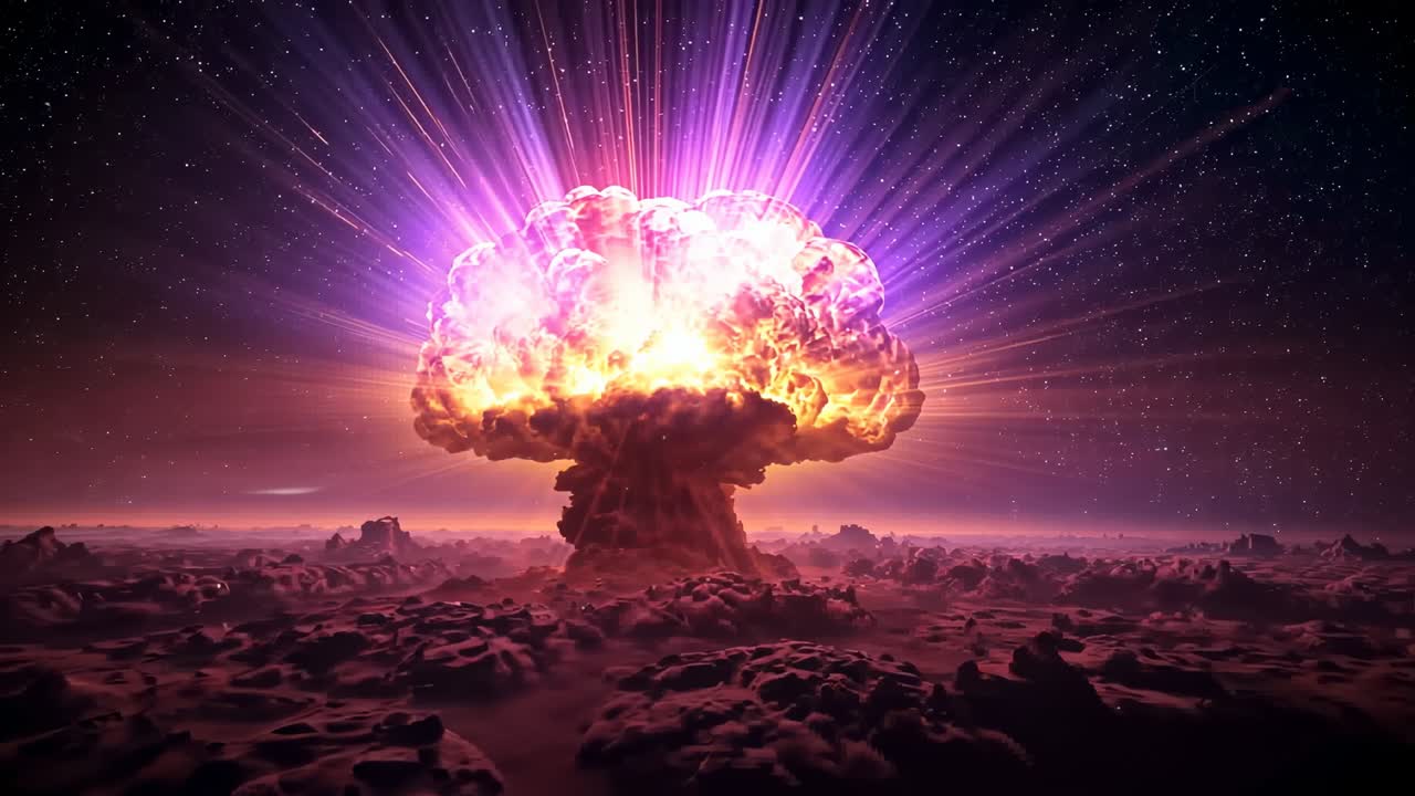 Detonation emitting fireball, rising into mushroom cloud above dense clouds, radiating purple beams