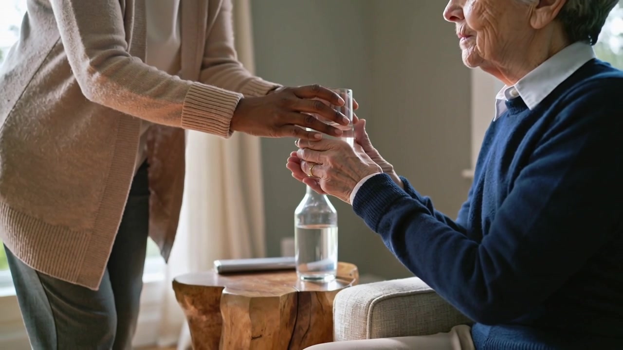 Mulher idosa de suéter azul-marinho levantando as mãos em casa, enquanto o cuidador coloca um copo na mesa para ela beber.
