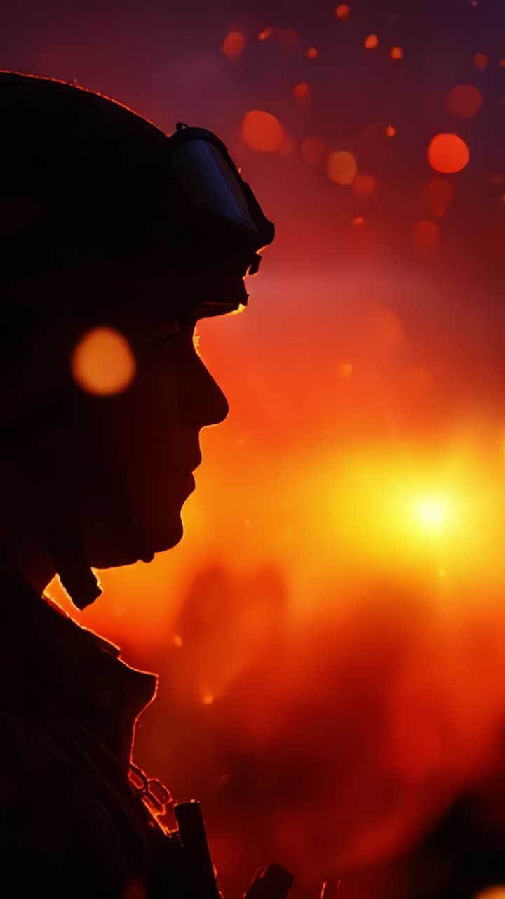 A Soldier's Resolute Silhouette Against a Fiery Backdrop, Capturing the Essence of Courage and Sacrifice Amidst a Scene of Explosive Brilliance and Warmth