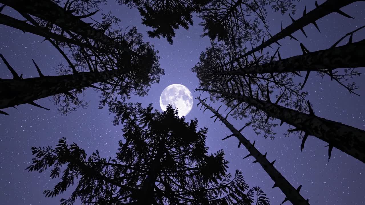 Un’avvincente angolazione della camera dal basso cattura alberi imponenti che incorniciano una luna piena su un cielo stellato
