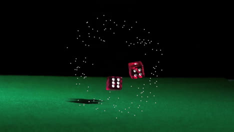 rolling dice with sparkling particles animation over green felt surface