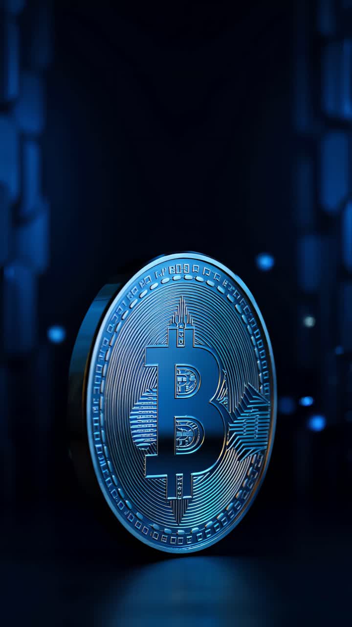 Animazione rotante di Bitcoin dorato su sfondo scuro, criptovaluta cinematografica 4K.