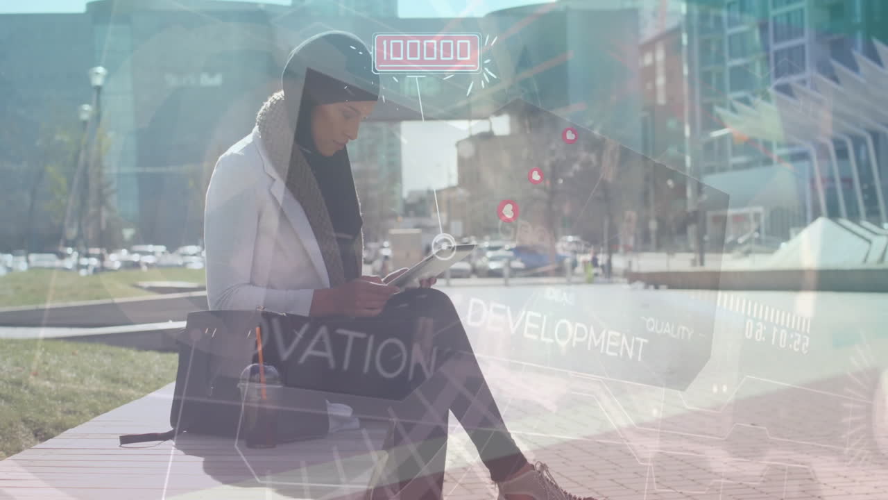 Young woman using tablet outdoors with digital data processing animation overlay