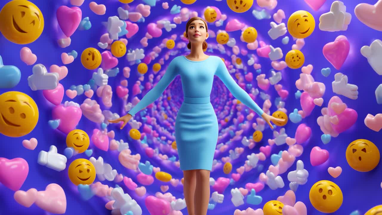 A mesmerizing journey through a vibrant spiral filled with cheerful emojis, colorful hearts, and dynamic symbols of positivity, showcasing an empowered woman gracefully navigating through a whimsical, digital dreamscape