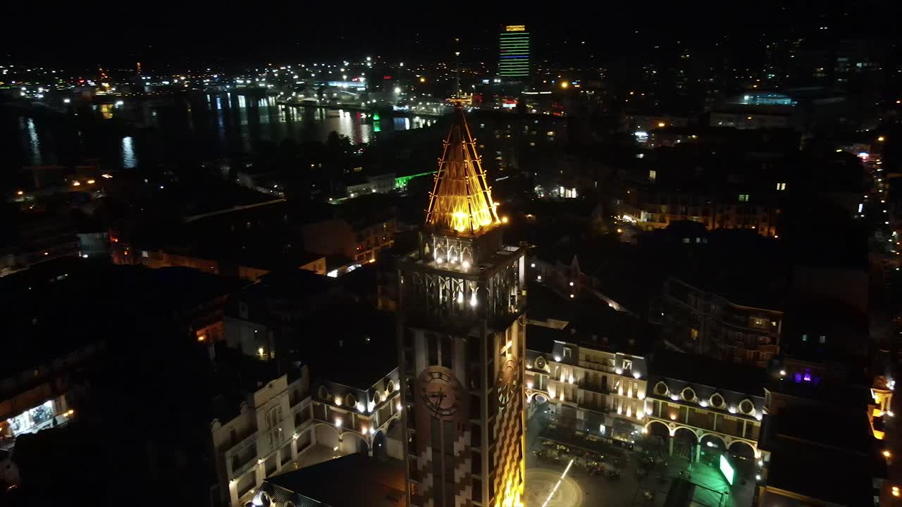 Batumi Clock Tower at Night: Aerial View of Georgia's Coastal City