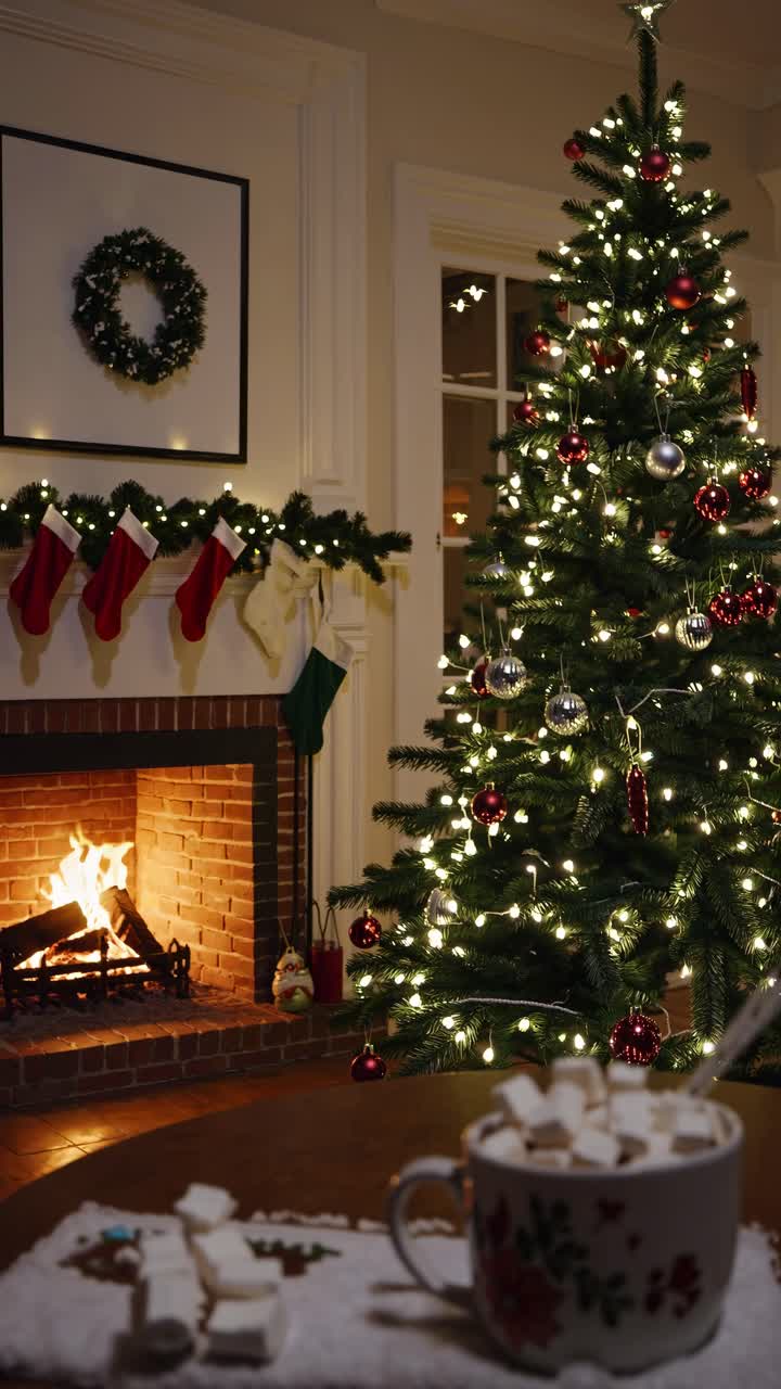 Cozy Christmas scene with a decorated tree and fireplace, shot from a low angle