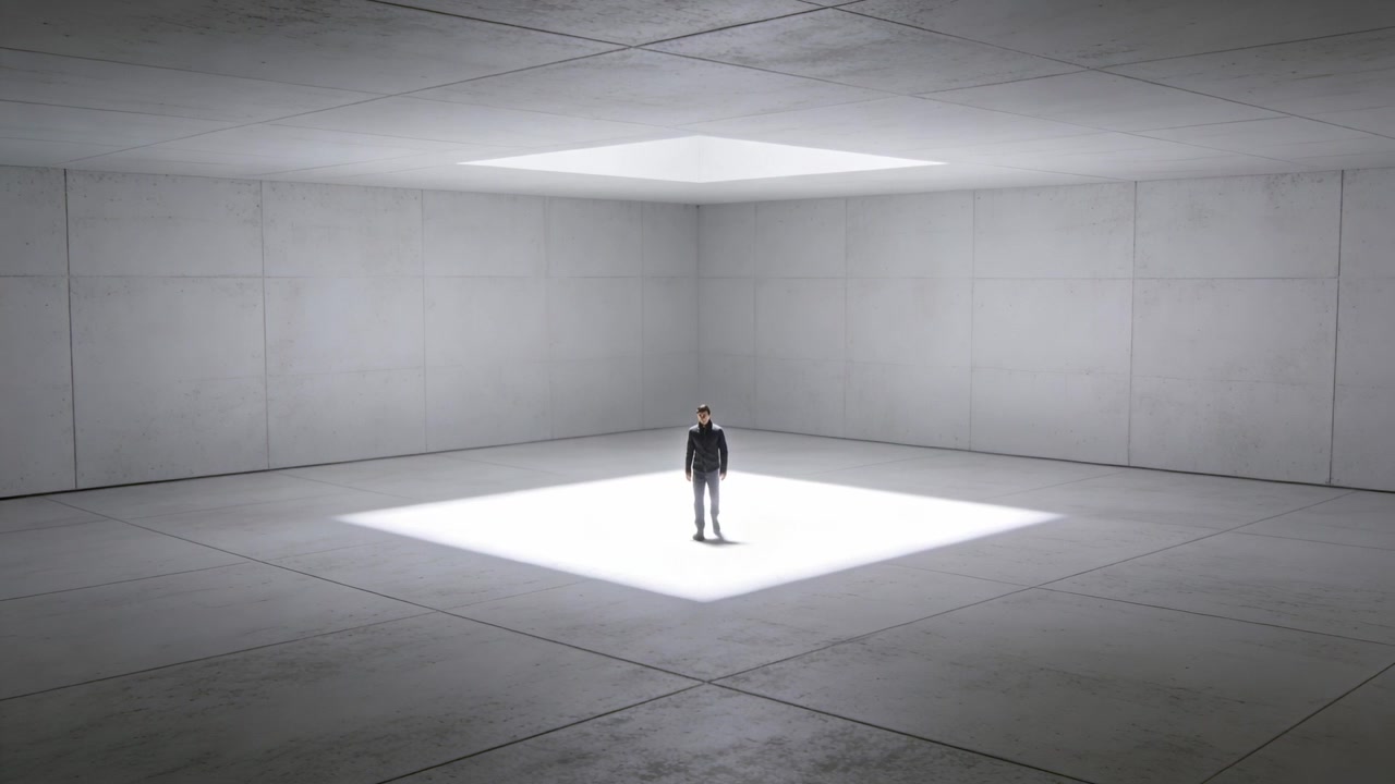 Hombre de pie moviéndose, permaneciendo en un cuadrado de luz bajo una claraboya en una habitación blanca, vistiendo traje y sombrero