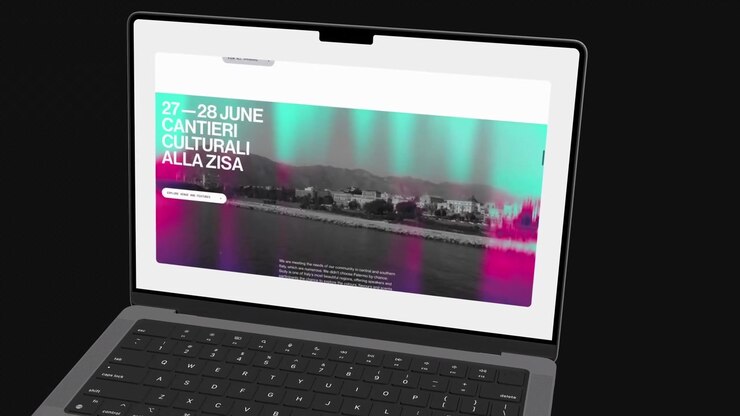 Moderne laptop, der viser en eventhjemmeside med en rullende talerliste og abstrakte visuals