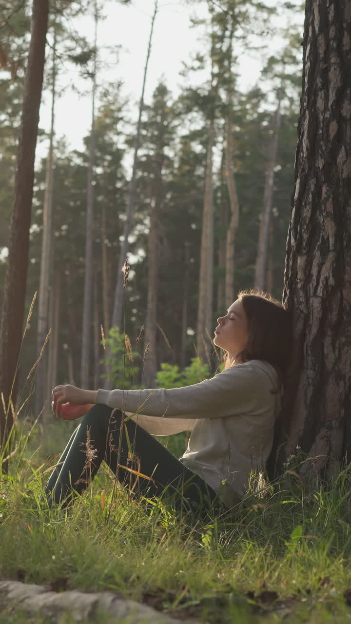 una mujer molesta se sienta apoyada en la corteza de un árbol en el bosque al atardecer. una joven piensa en sesiones de psicología para hacer frente a los problemas. una noche tranquila en la naturaleza
