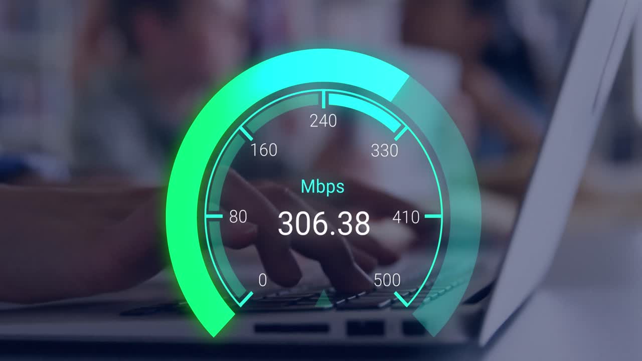 Animation of green speedometer over hands of caucasian man using laptop