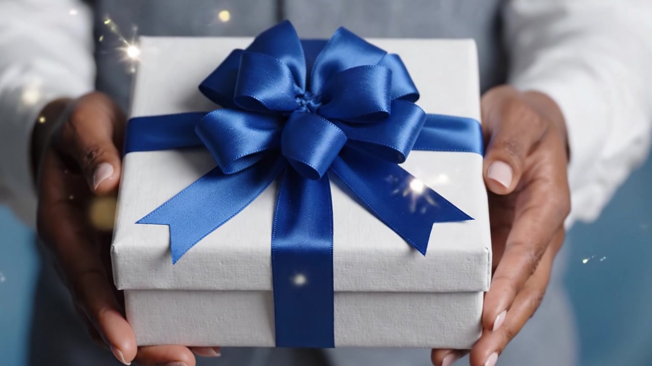 An Individual Presenting a Beautifully Wrapped Gift Box with a Blue Ribbon, Radiating Joy and Anticipation for the Recipient’s Delight