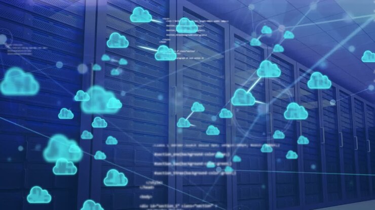 Animation of cloud icons and digital data processing over computer servers