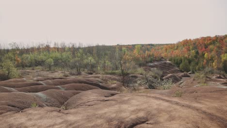 vista de la formación del suelo de arcilla roja con un colorido paisaje de follaje otoñal en cheltenham badlands, en caledon, ontario, canadá