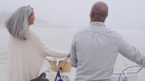 pareja madura disfrutando del tiempo afuera junto al mar